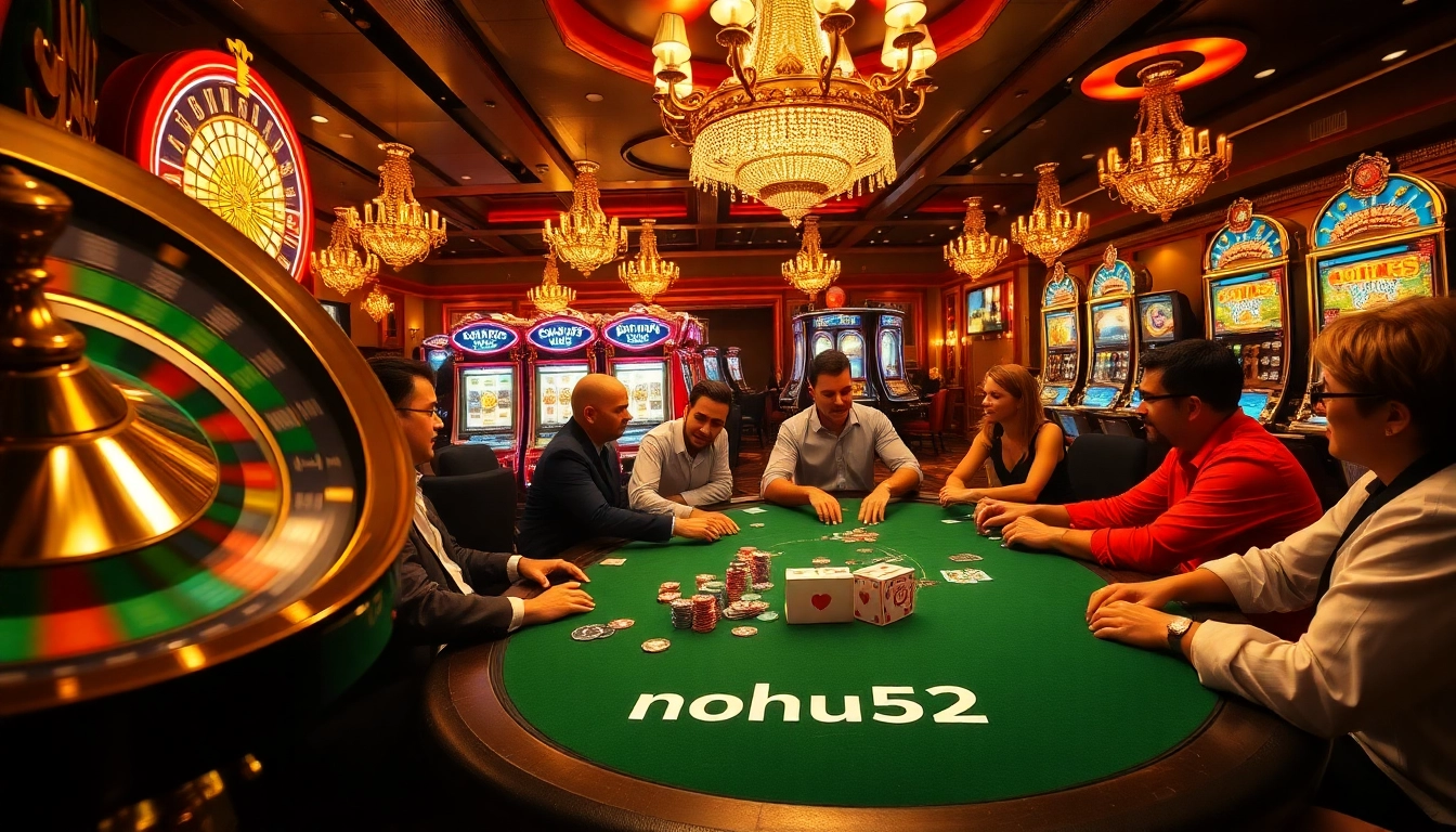Experience the thrill of nohu52 at a lively poker table with colorful chips and intense player expressions.