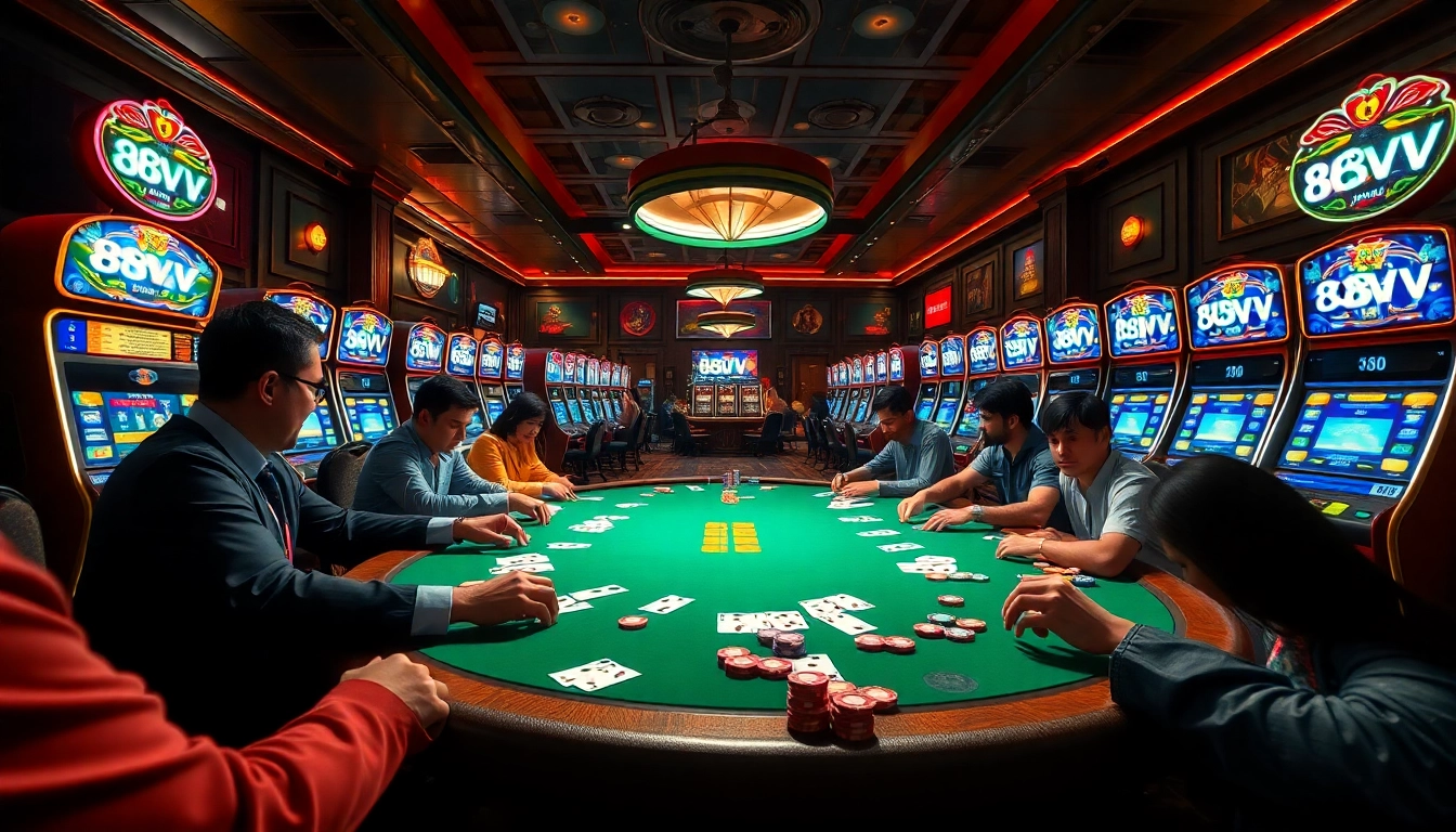 Experience high-stakes poker action at 88VV's vibrant casino, filled with colorful chips and thrilling gameplay.
